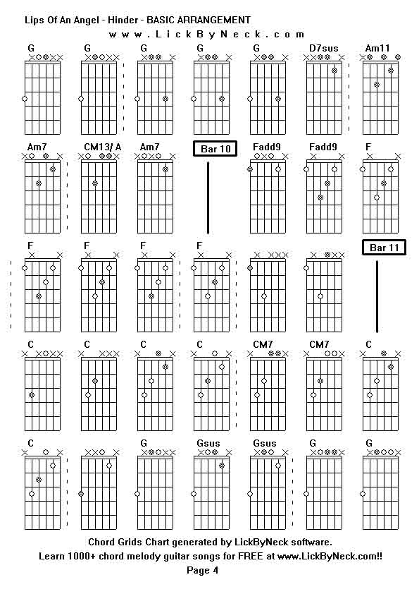 Chord Grids Chart of chord melody fingerstyle guitar song-Lips Of An Angel - Hinder - BASIC ARRANGEMENT,generated by LickByNeck software.